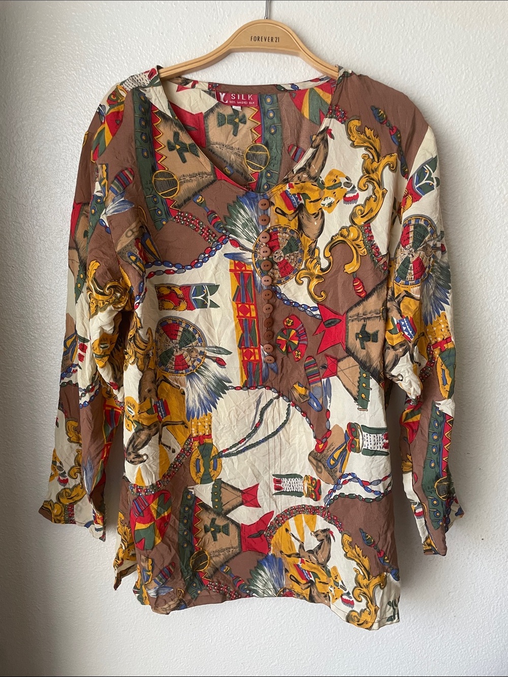 Vintage silk multi-colored Native American iconography print blouse